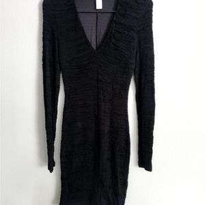 H&M long sleeve rouched V neck midi dress in black